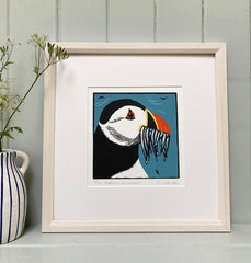 Lino Print - Puffin + Sandeels