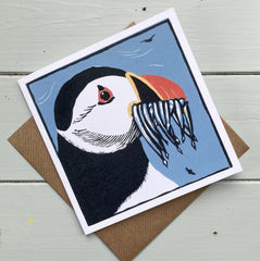 Lino Print - Puffin + Sandeels