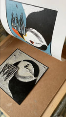 Lino Print - Puffin + Sandeels