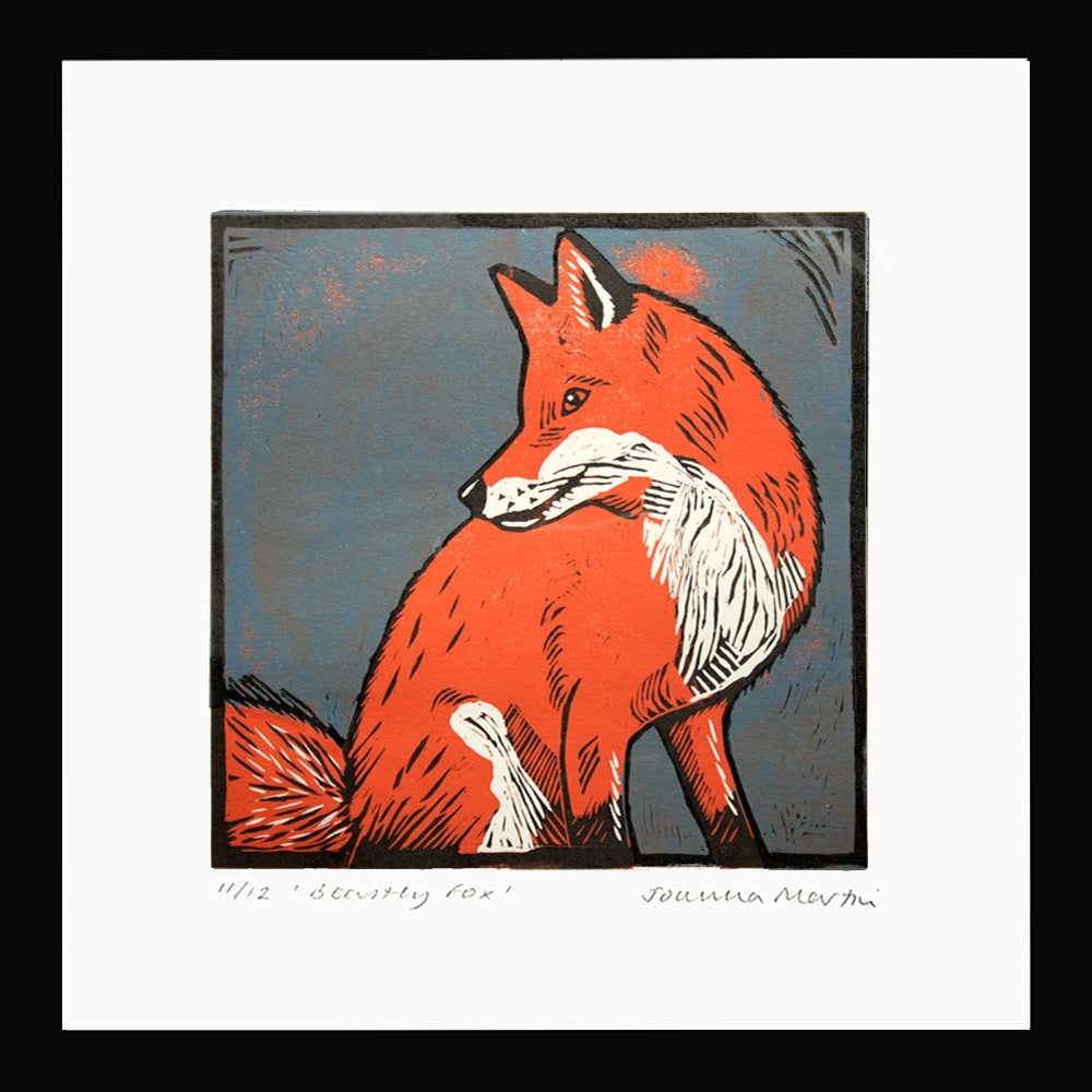 Lino Print - Beastly Fox Black Frame