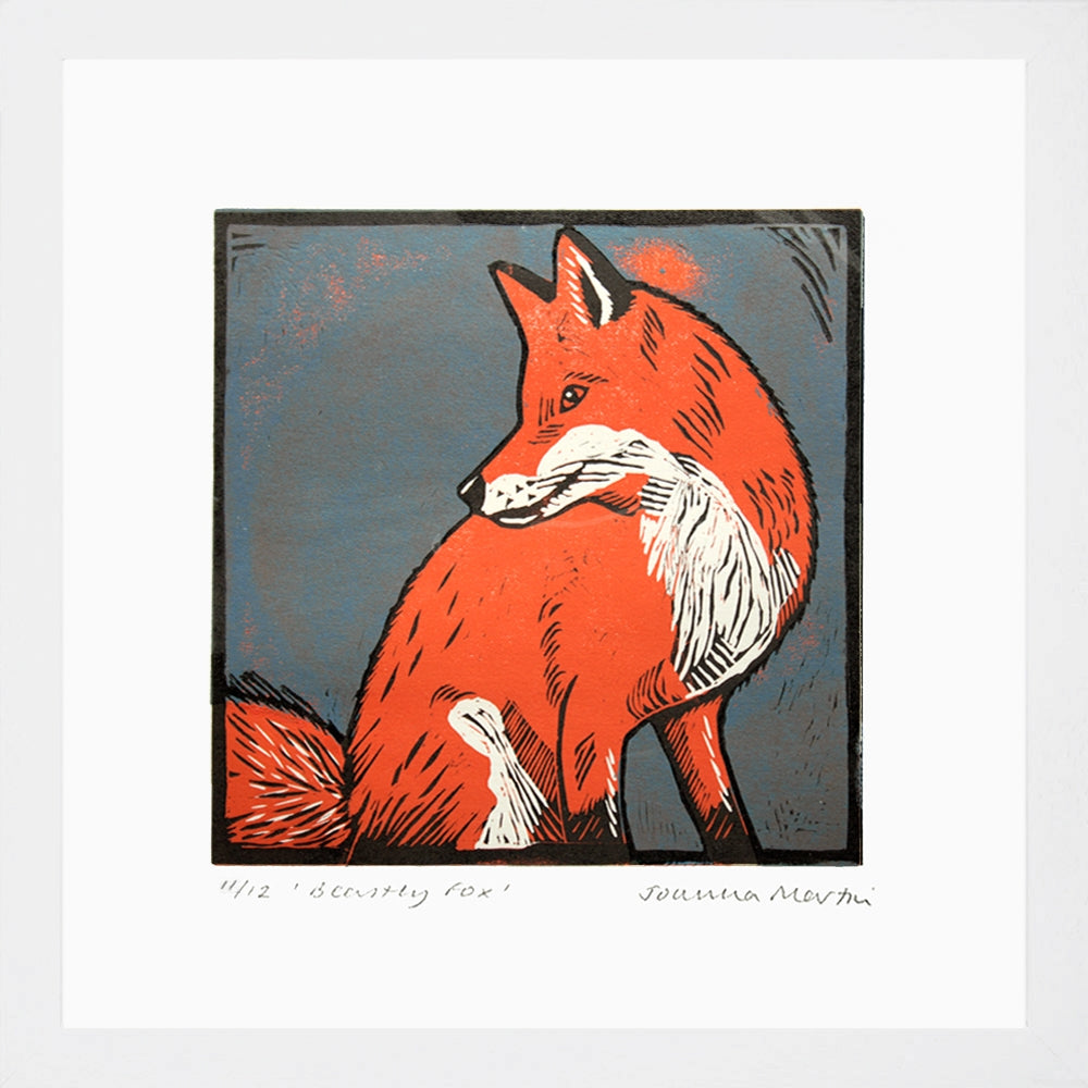 Lino Print - Beastly Fox White Frame