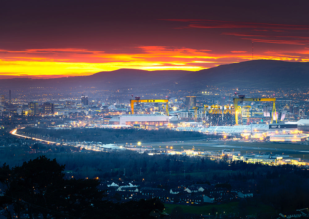 Belfast Winter Sunset With H&W Cranes Unframed