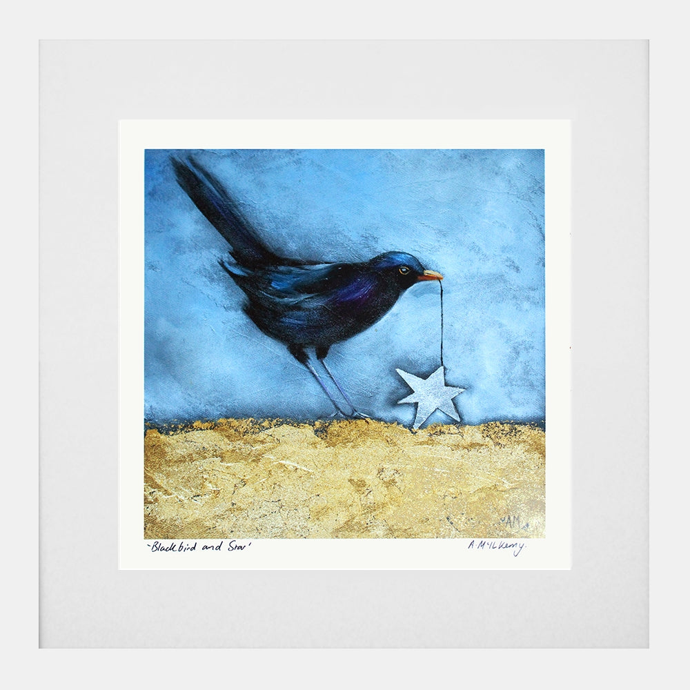 Print - Blackbird and Star - White Box Frame (With Mount)