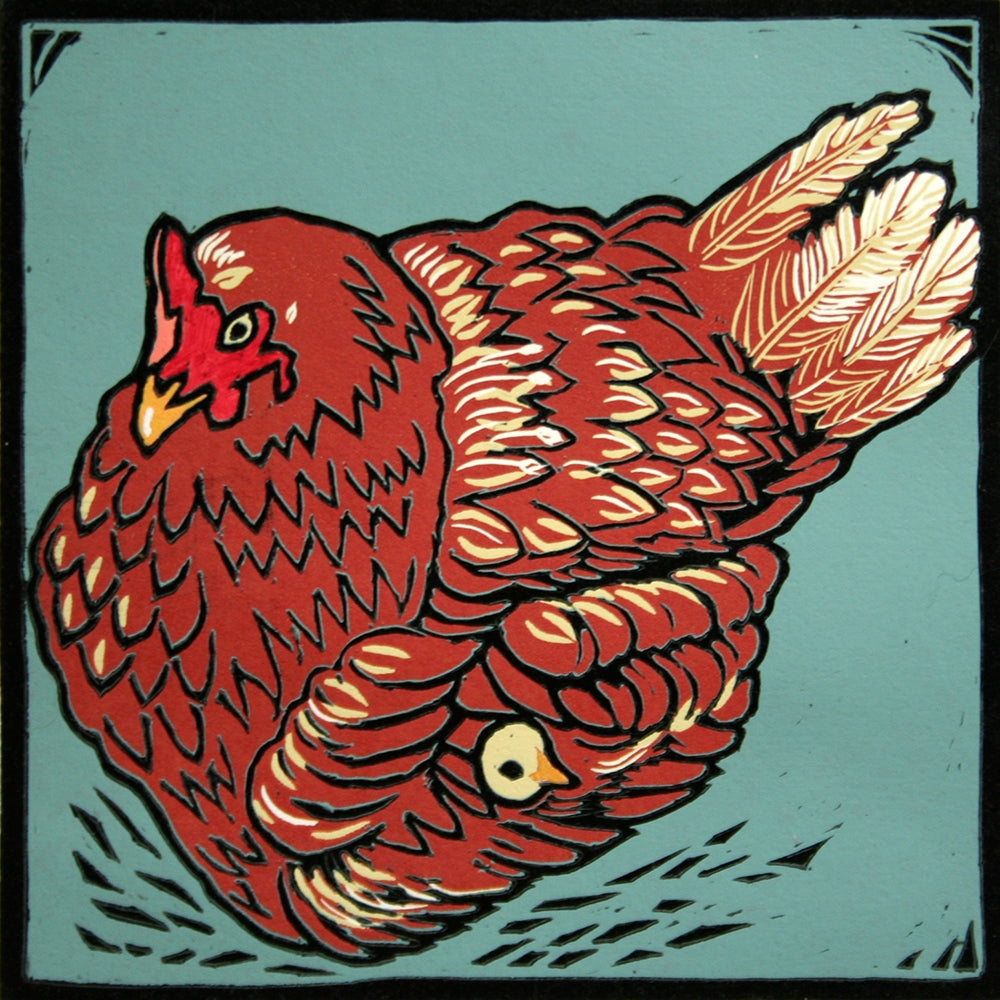 Lino Print - Brown Hen With Chick