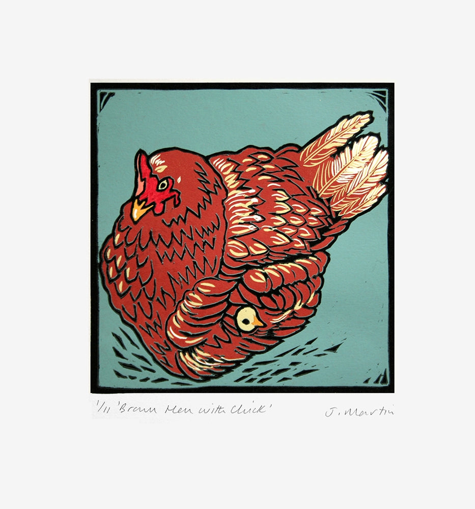 Lino Print - Brown Hen With Chick Unframed
