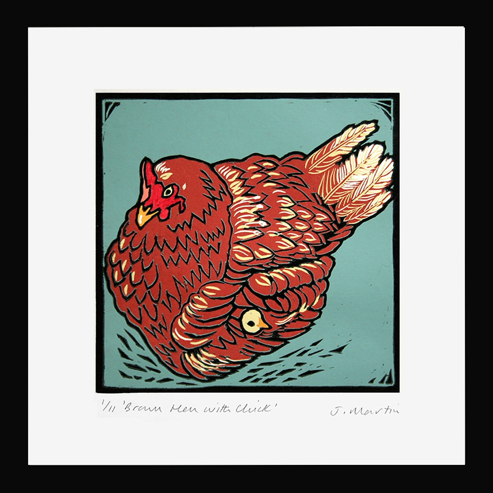 Lino Print - Brown Hen With Chick Black Frame