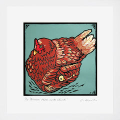 Lino Print - Brown Hen With Chick White Frame