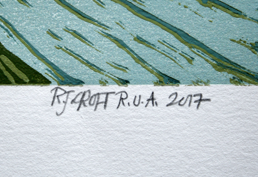 Linocut Print - Co Antrim Carrick-A-Rede Rope Bridge 2017 Orange Coat