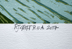 Linocut Print - Co Antrim Carrick-A-Rede Rope Bridge 2017 Orange Coat