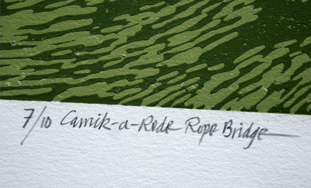 Linocut Print - Co Antrim Carrick-A-Rede Rope Bridge 2017 Orange Coat