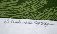 Linocut Print - Co Antrim Carrick-A-Rede Rope Bridge 2017 Orange Coat