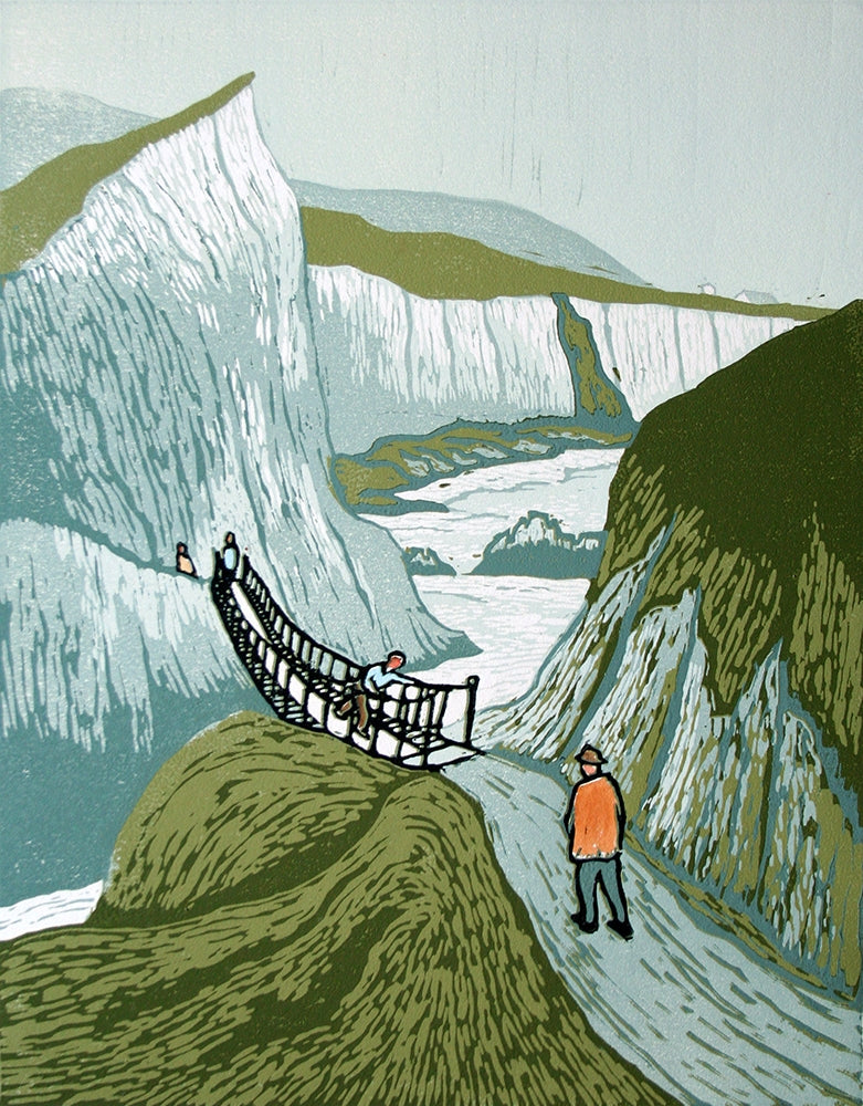 Linocut Print - Co Antrim Carrick-A-Rede Rope Bridge 2017 Orange Coat