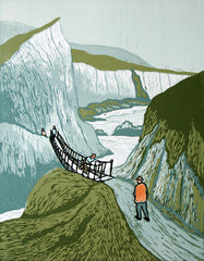 Linocut Print - Co Antrim Carrick-A-Rede Rope Bridge 2017 Orange Coat