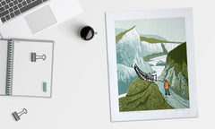 Linocut Print - Co Antrim Carrick-A-Rede Rope Bridge 2017 Orange Coat