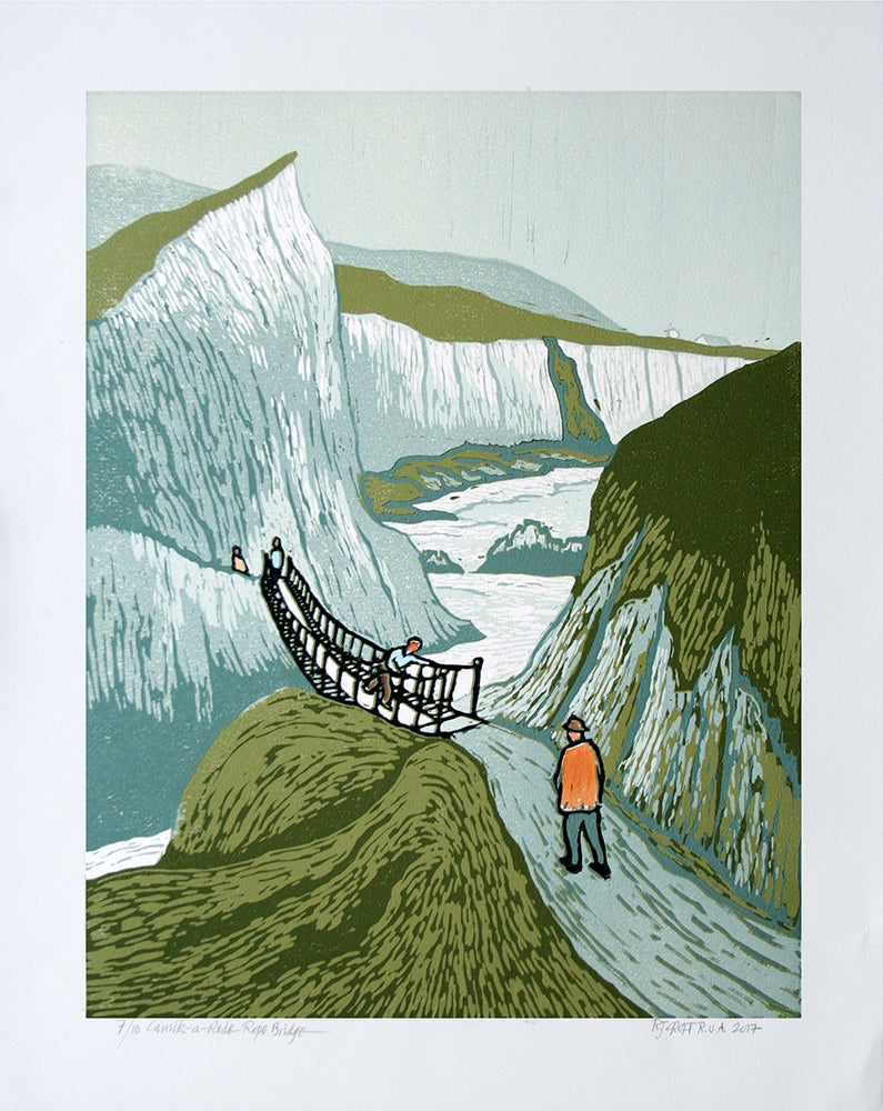 Linocut Print - Co Antrim Carrick-A-Rede Rope Bridge Orange Coat 2017 Unframed