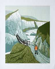 Linocut Print - Co Antrim Carrick-A-Rede Rope Bridge Orange Coat 2017 Unframed