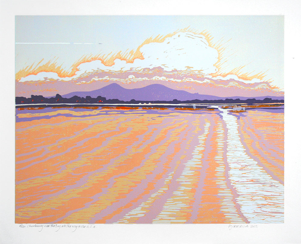 Linocut Print - Chardonnay Over The Bay All The Way To The USA Unframed