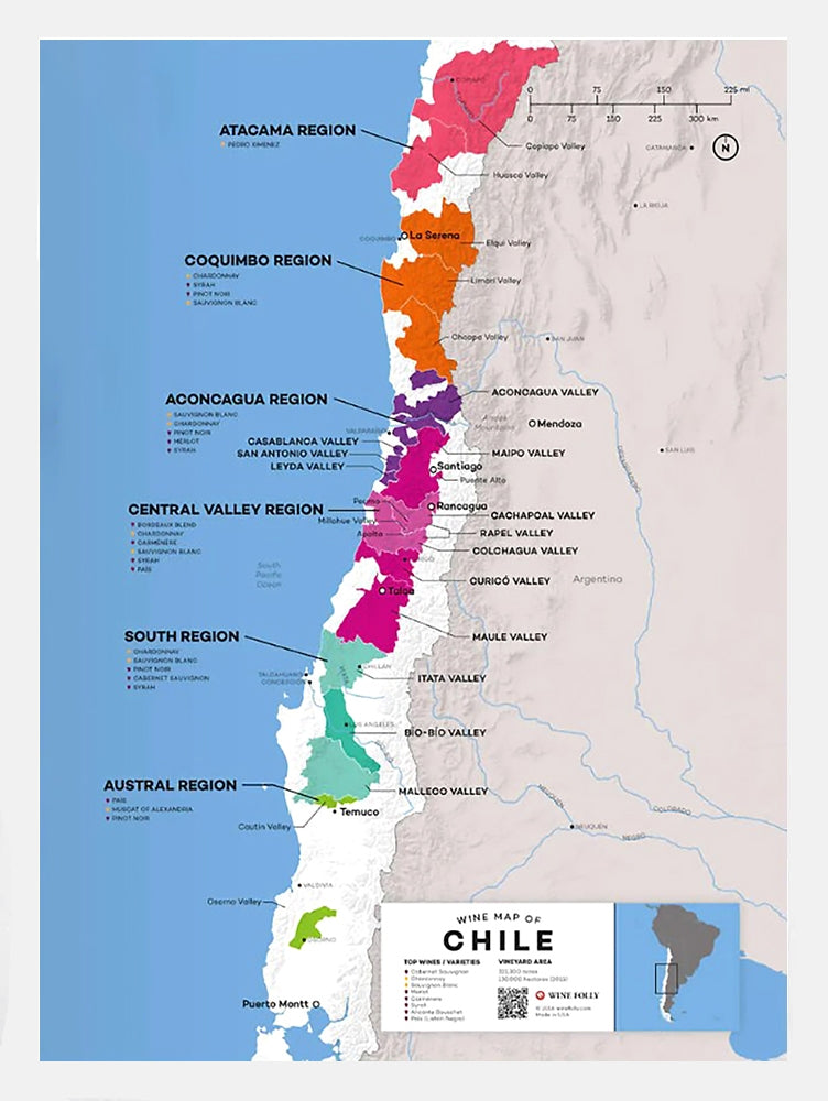 Chile Wine Map White Frame