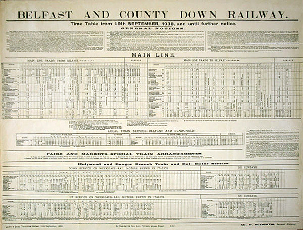 Ireland Co Down - Train Timetable - Belfast and Co Down Railway (UF) 30x40