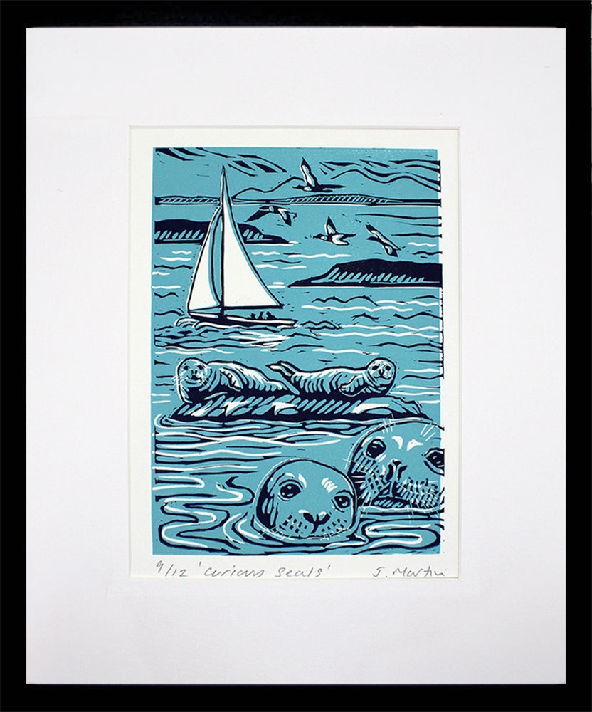Lino Print - Curious Seals - Black Box Frame