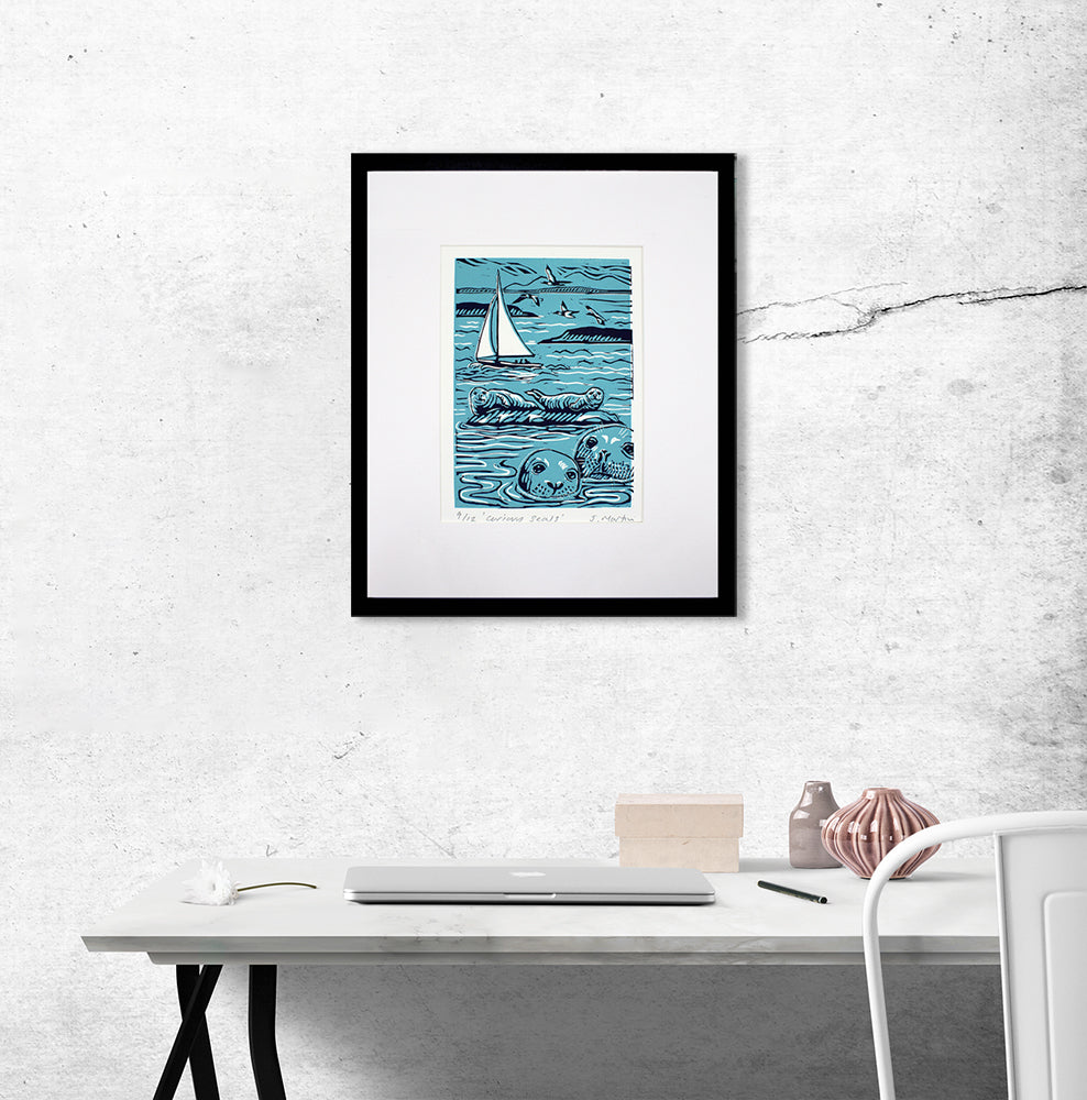 Lino Print - Curious Seals
