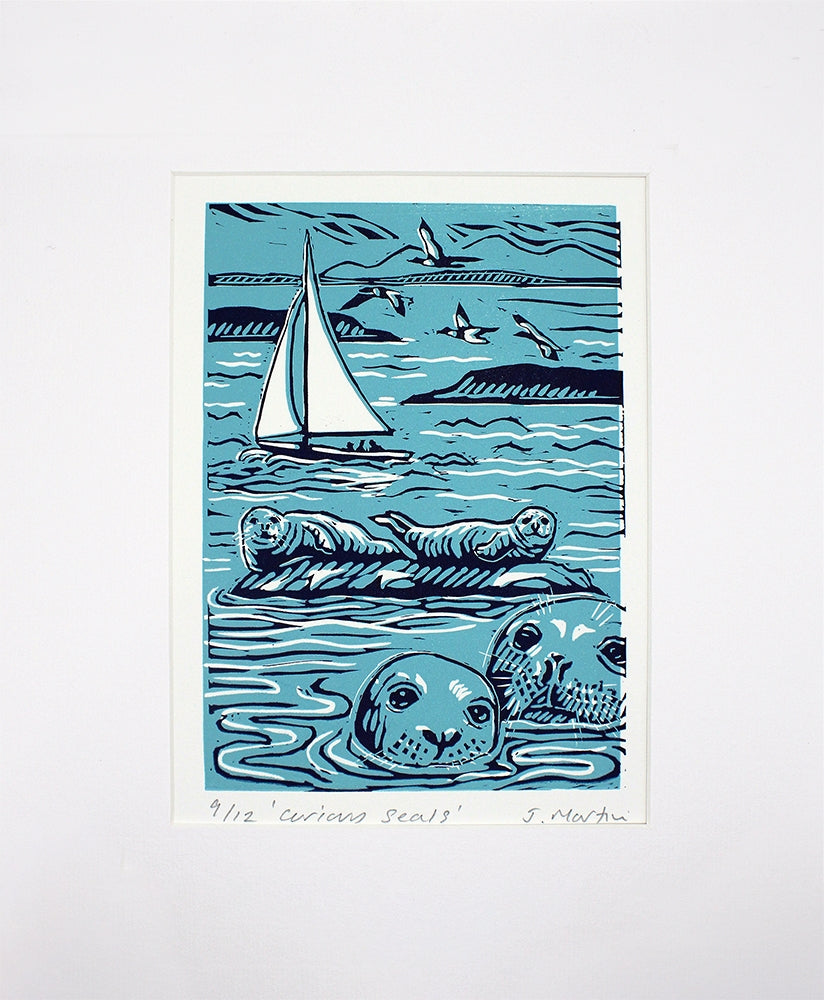 Lino Print - Curious Seals - Unframed