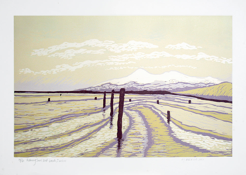 Linocut Print - Co Down February Snow Back Beach, Dundrum 2010 Unframed