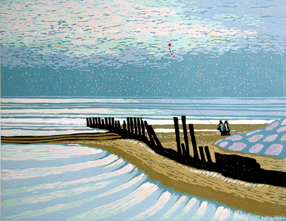 Linocut Print - Co Down Kite Flying In Newcastle 2009