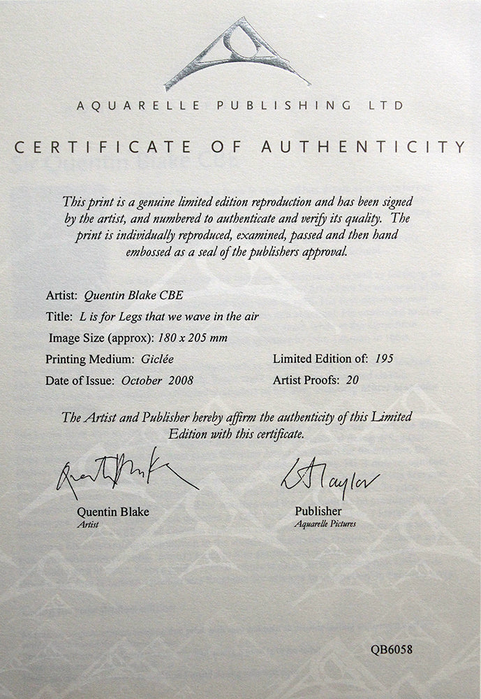 Quentin Blake Signed - L Is For Legs Artist Proof
