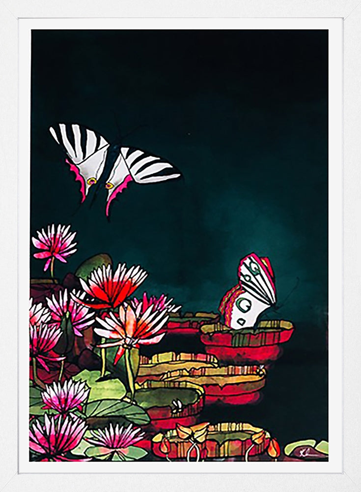 Lily Pad Butterflies-33 x 55.5-White Box Frame (No Mount)