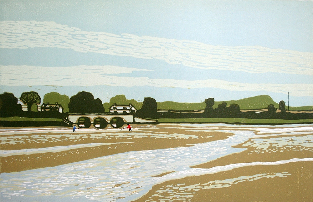 Linocut Print - Co Down Moneycarragh River And The White Bridge, Dundrum 2014