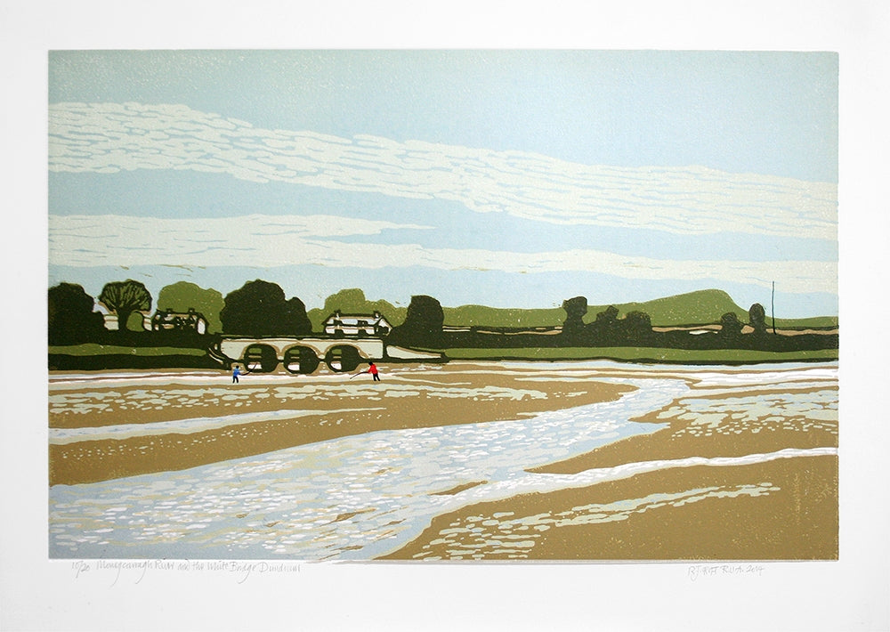 Linocut Print - Co Down Moneycarragh River And The White Bridge, Dundrum 2014 Unframed