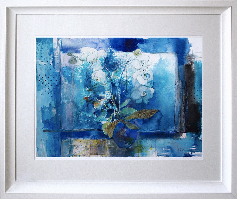Orchids In Blue Bowl White Frame