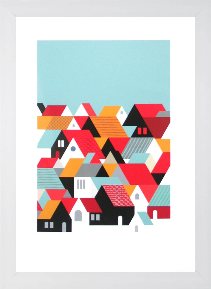 Patchwork Roofs Blue Grey White Frame