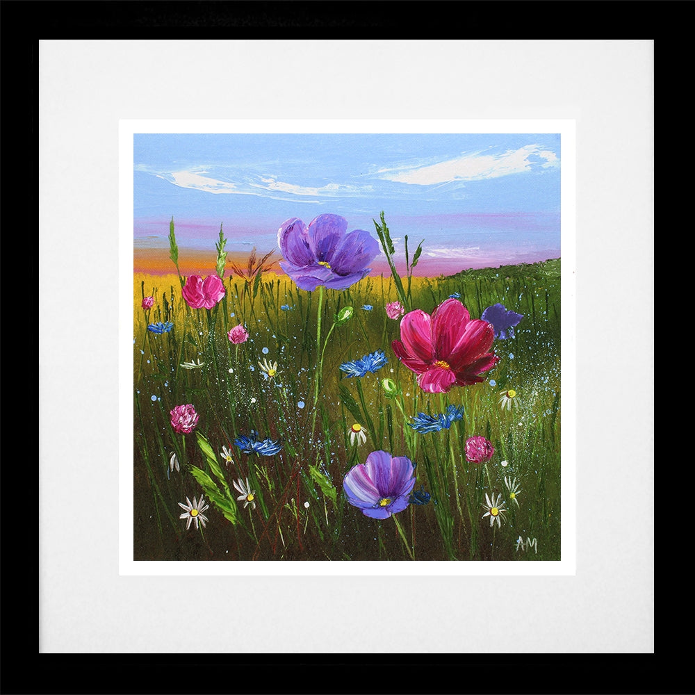 Original - Pink and Purple Cosmos - Black Box Frame (With Mount)