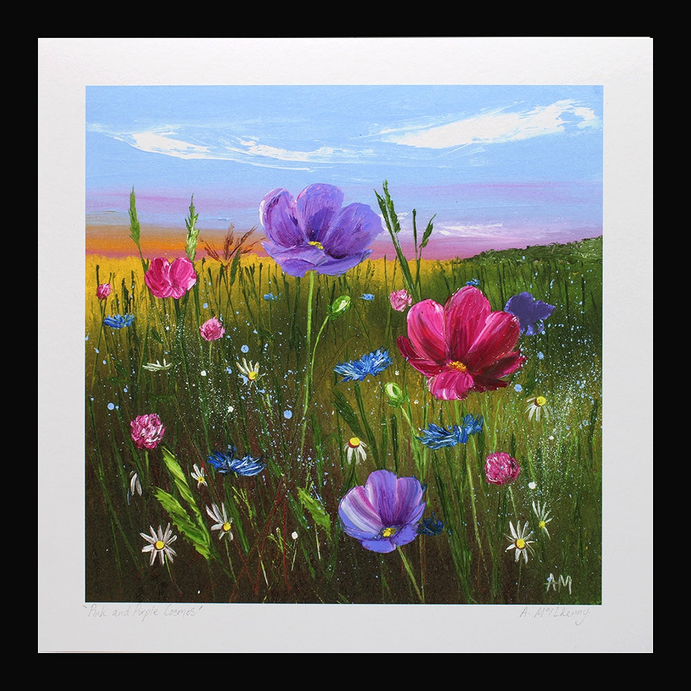 Original - Pink and Purple Cosmos - Black Box Frame (No Mount)