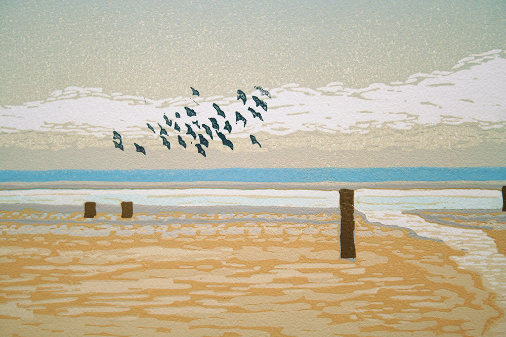 Linocut Print - Co Down Plovers on the Back Beach, Dundrum