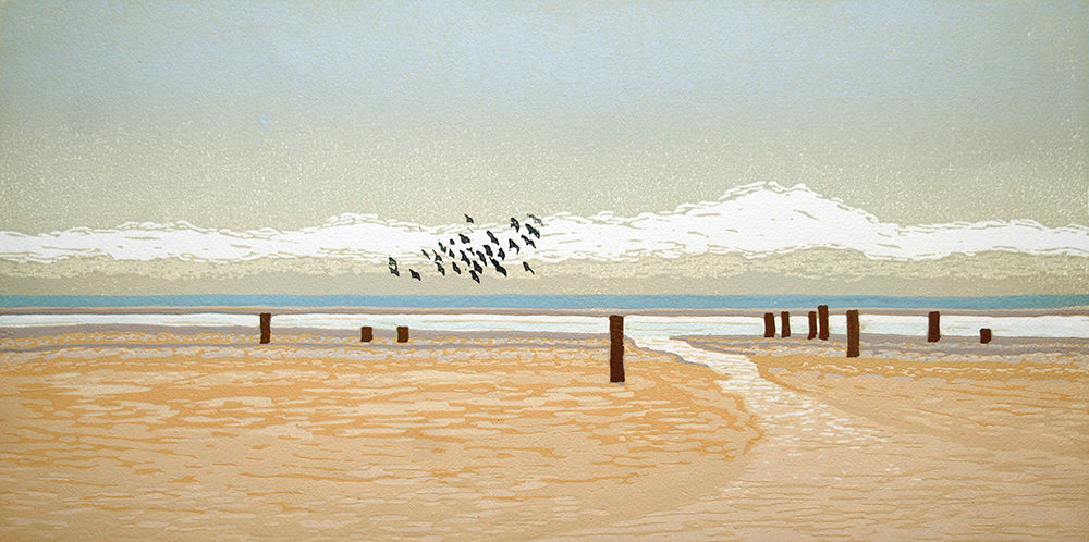 Linocut Print - Plovers on the Back Beach Dundrum
