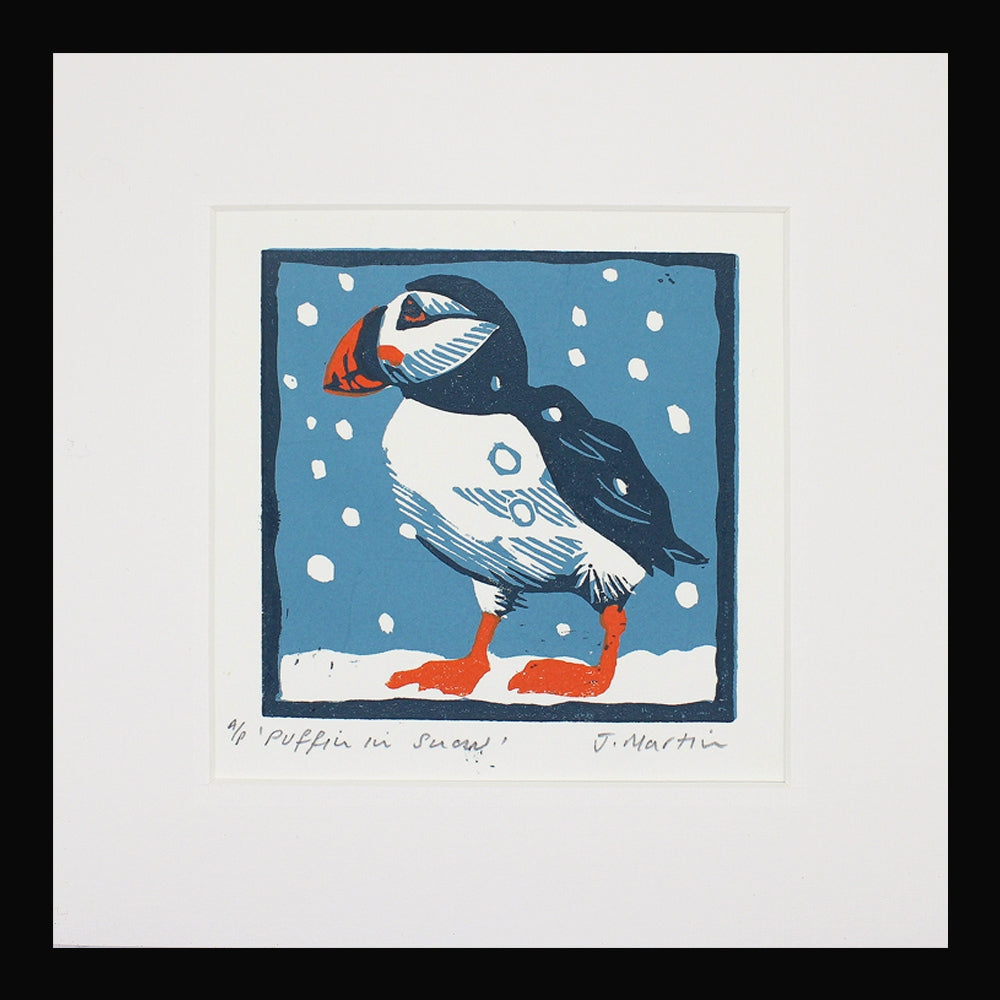 Lino Print - Puffin in Snow - Black Frame