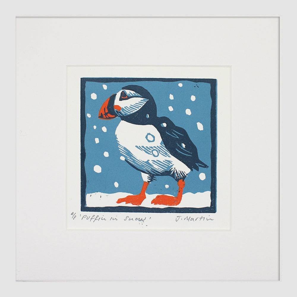 Lino Print - Puffin in Snow - White Frame