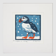 Lino Print - Puffin in Snow - White Frame