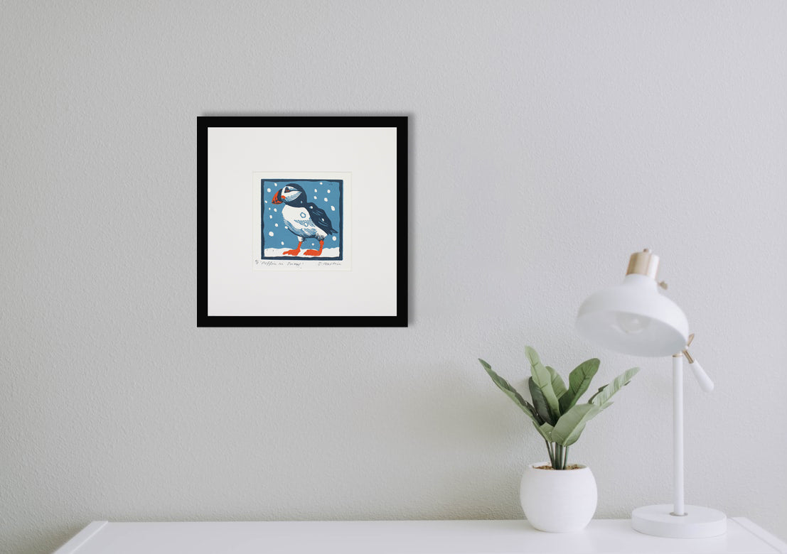Lino Print - Puffin In Snow