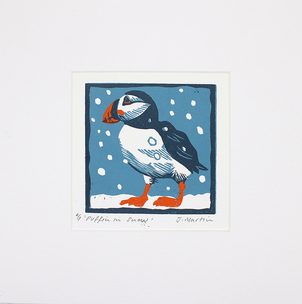 Lino Print - Puffin in Snow - Unframed