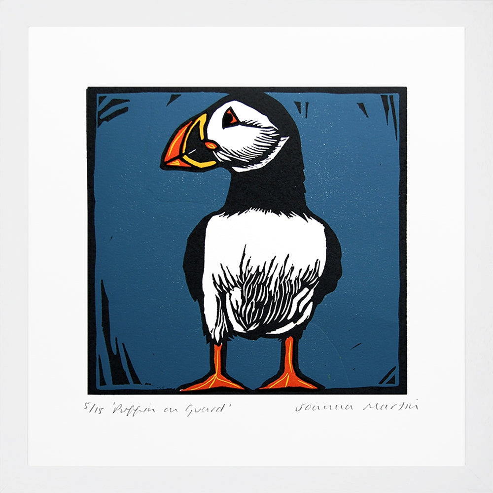 Lino Print - Puffin On Guard White Frame