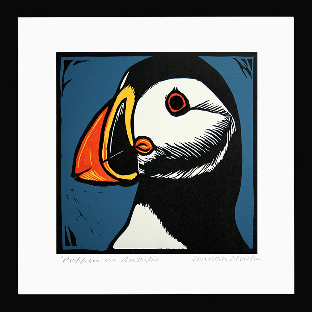 Lino Print - Puffin On Rathlin Black Frame