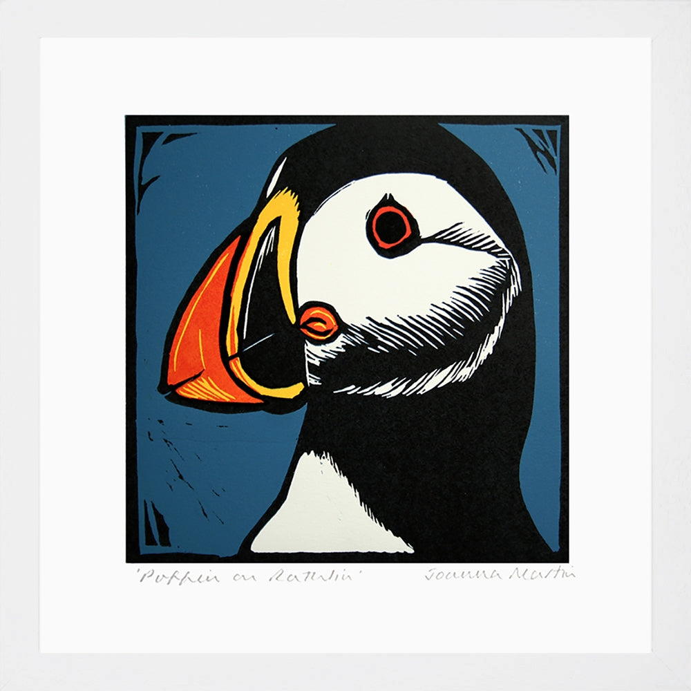 Lino Print - Puffin On Rathlin White Frame