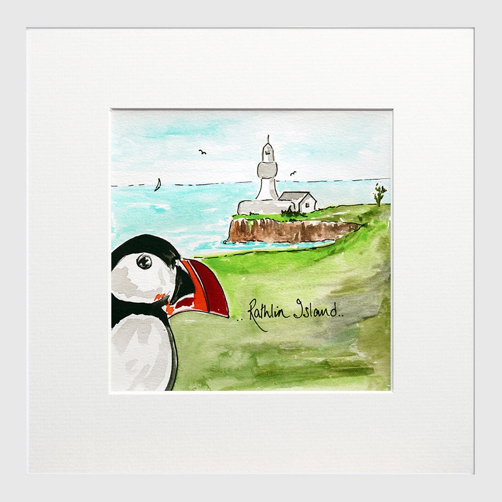 Rathlin Island With Puffin Small Flat White Frame