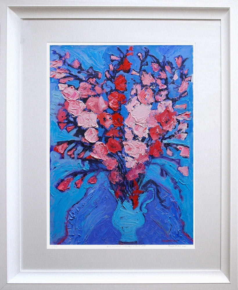 Print - Red And Pink Gladioli In Blue Vase Chunky White Frame