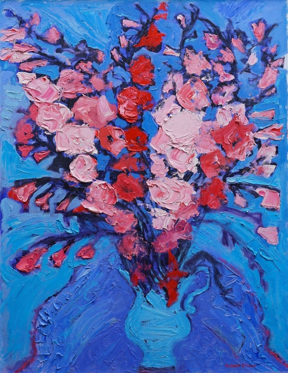 Print - Red And Pink Gladioli In Blue Vase