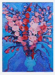 Print - Red And Pink Gladioli In Blue Vase Unframed